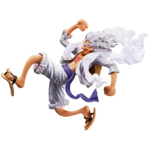 One Piece Luffy in Gear 5 Sun God form figure in jumping pose