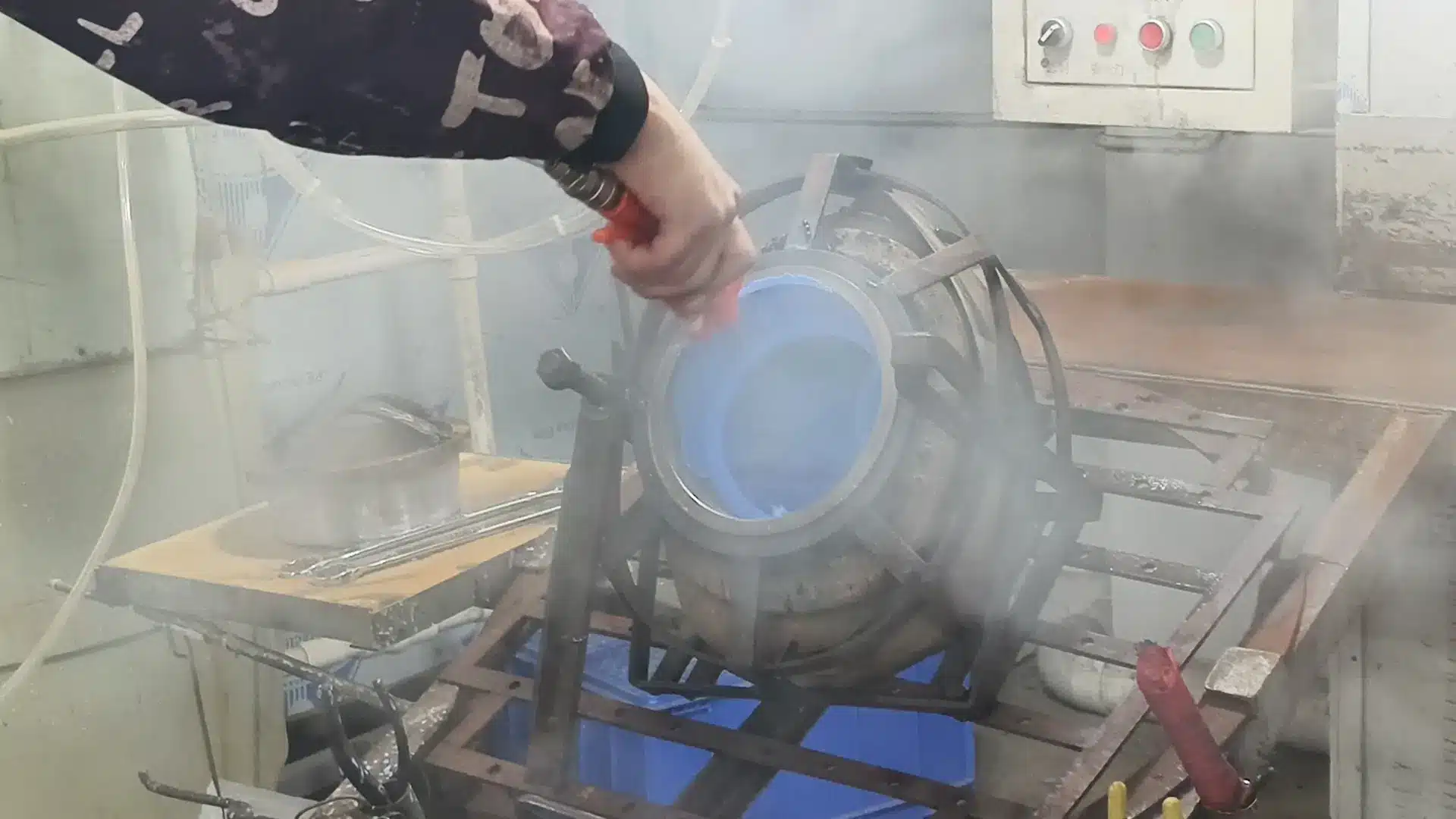Water cooling bath for hot rotocast molds to prevent vinyl warping and shrinkage step 4