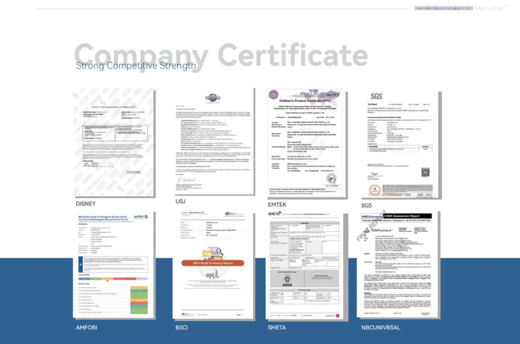 MIHOX factory manufacturing certifications and audit reports including Disney FAMA, NBCUniversal, Amfori BSCI, SMETA, and SGS safety testing for custom figures.