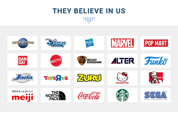Global brands manufactured by MIHOX including Disney, Marvel, Bandai, Hasbro, Mattel, Pop Mart, and more.