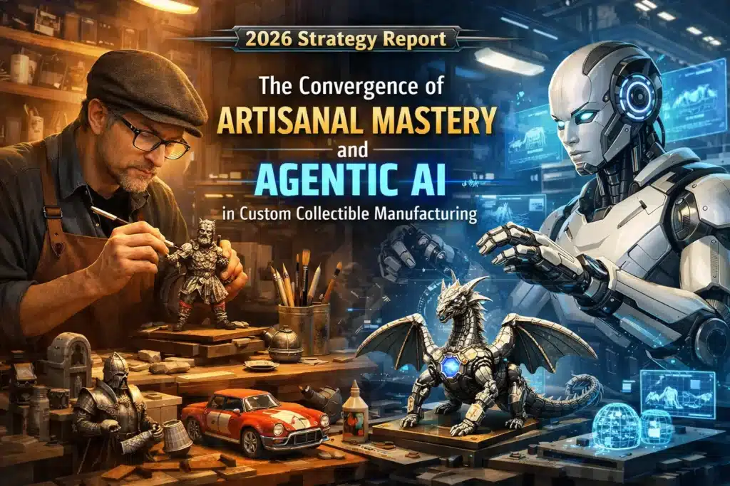 Artisanal craftsman and AI robot working together in a smart factory for custom collectible toy manufacturing.