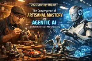 Artisanal craftsman and AI robot working together in a smart factory for custom collectible toy manufacturing.