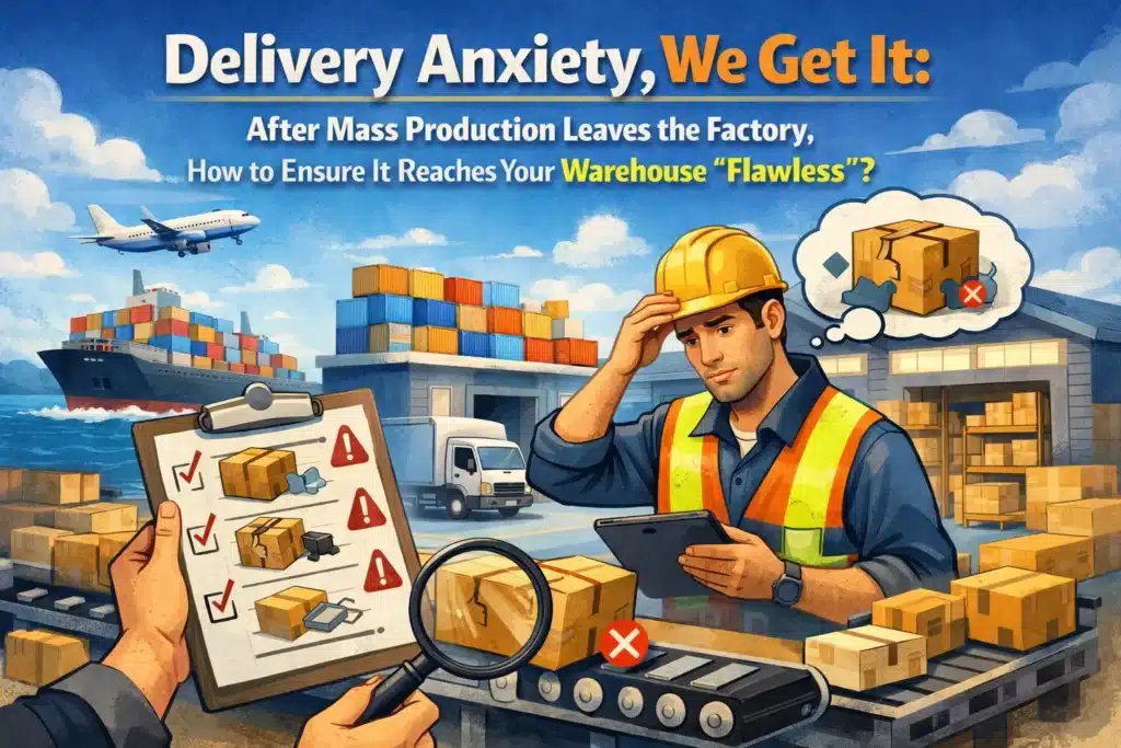 An illustration of delivery anxiety in B2B manufacturing showing a quality control inspection of damaged boxes against a background of sea and air freight, representing MIHOX’s flawless delivery standards.