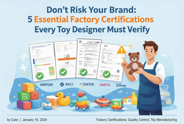Don't Risk Your Brand: Infographic showing essential toy factory certifications including Disney FAMA, BSCI, SMETA, and AMFORI for custom toy manufacturing at MIHOX.