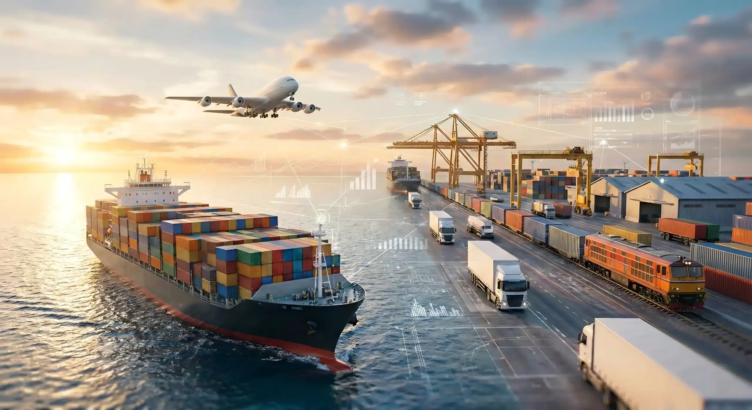 Global logistics and fulfillment services for custom toy manufacturing, showing a cargo ship and plane at sunset, representing smooth international shipping by MIHOX.