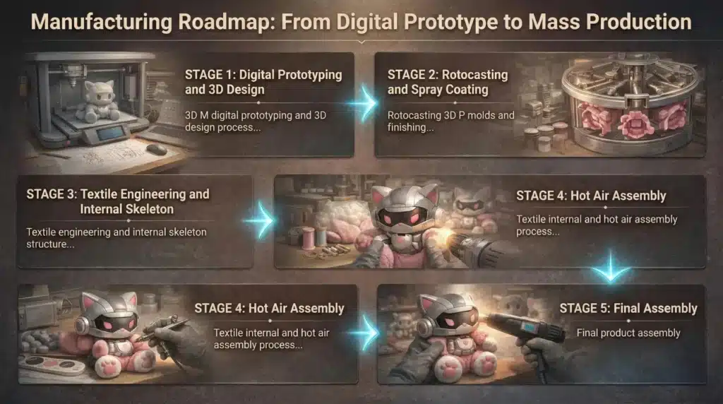 A comprehensive manufacturing roadmap for hybrid toys, showing Stage 1 digital prototyping, Stage 2 rotocasting, Stage 3 textile engineering, Stage 4 hot air assembly, and Stage 5 final assembly.