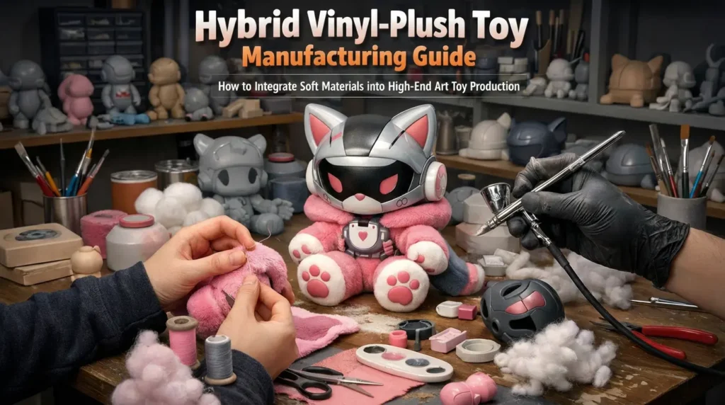 Professional workshop showing the manufacturing process of hybrid vinyl-plush art toys with airbrushing and hand-sewing.