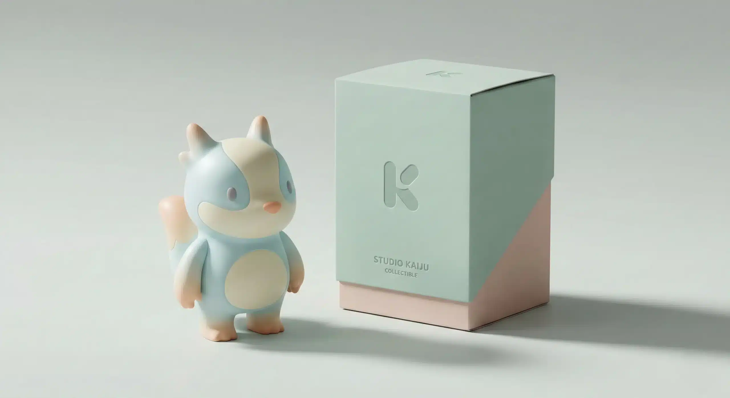High-end custom blind box packaging with a soft-touch finish, showcased with a geometric fox collectible toy.