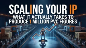 High-tech PVC figure mass production factory showing the process of scaling an IP from a single prototype to millions of units on a robotic assembly line.