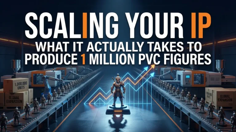High-tech PVC figure mass production factory showing the process of scaling an IP from a single prototype to millions of units on a robotic assembly line.