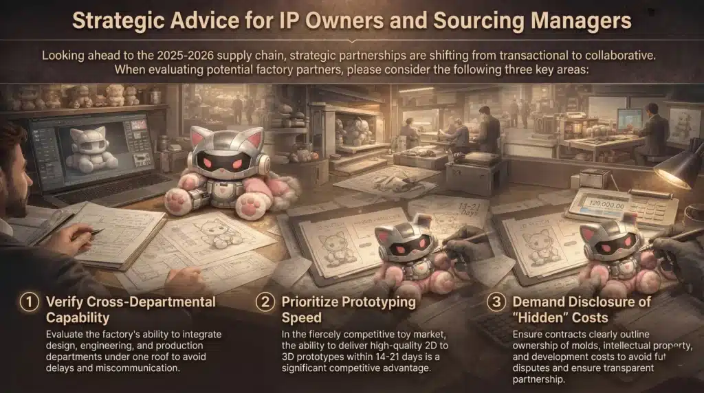 Strategic advice infographic for art toy sourcing, covering cross-departmental capability, prototyping speed (14-21 days), and disclosure of hidden costs.
