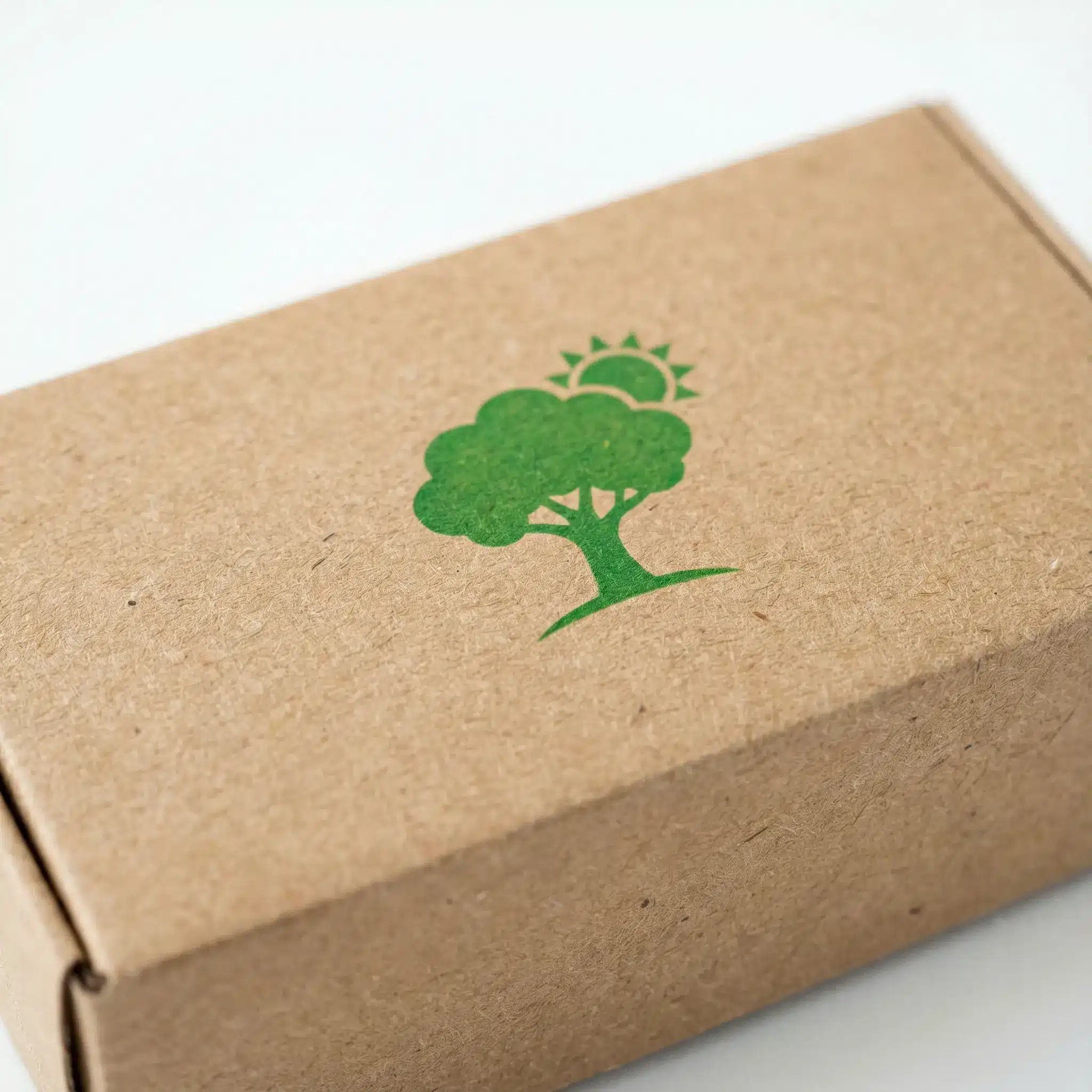 Detail shot of eco-friendly kraft paper packaging for toys, featuring natural fiber textures and sustainable soy-based ink printing.