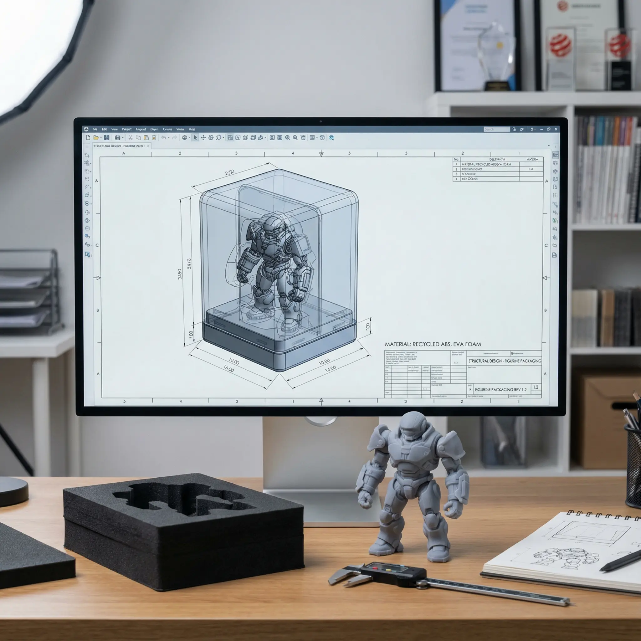 MIHOX structural engineering team using 3D CAD data to design a precision-fit packaging system for collectible figurines.