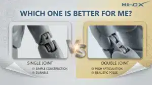 Hero image for NewMiho's guide on action figure articulation: a professional comparison of double-jointed vs single-jointed systems featuring a futuristic robot (Flex Prime) in a dynamic crouching pose with technical joint diagrams and production contact information