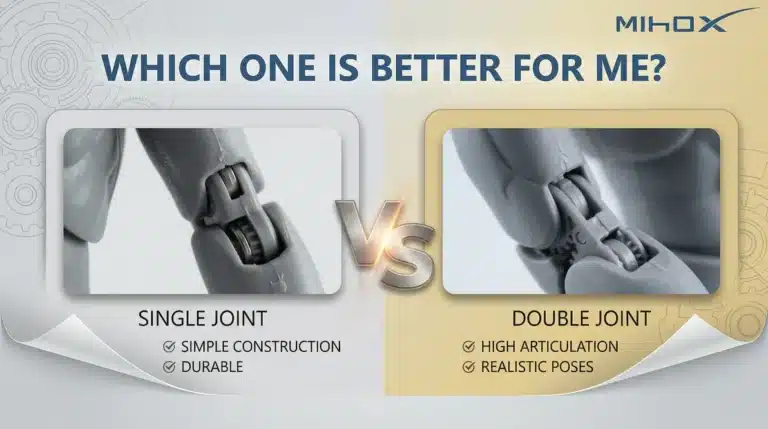 Hero image for NewMiho's guide on action figure articulation: a professional comparison of double-jointed vs single-jointed systems featuring a futuristic robot (Flex Prime) in a dynamic crouching pose with technical joint diagrams and production contact information