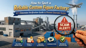 A guide on how to spot a reliable custom figure factory and prevent overseas scams, featuring factory inspection and quality check icons.