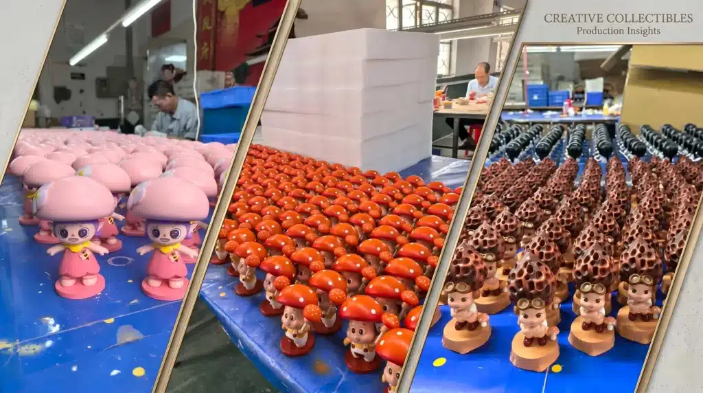 MIHOX factory production line showcasing bulk custom figurine manufacturing, demonstrating industrial MOQ standards for mushroom designer toys