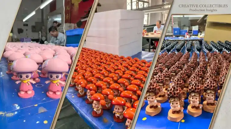 MIHOX factory production line showcasing bulk custom figurine manufacturing, demonstrating industrial MOQ standards for mushroom designer toys