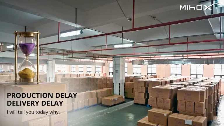 MIHOX warehouse with product boxes and an hourglass symbolizing delays in custom toy production and delivery lead times