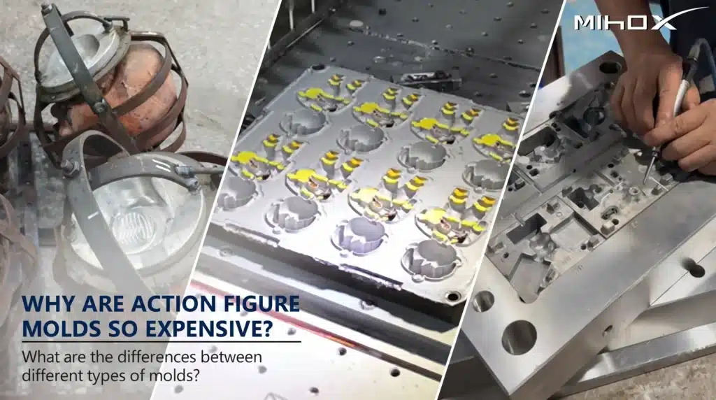 Professional comparison of copper and steel action figure molds at MIHOX factory, showing the precision engineering and hand-finishing process that contributes to custom toy tooling costs