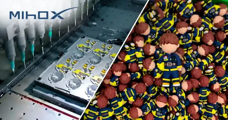 MIHOX industrial glue drip process machine production and bulk customized firefighter figures showing premium texture