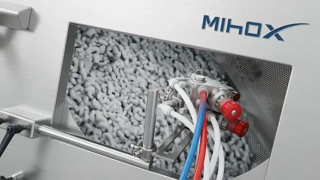 MIHOX factory production line showing premium white virgin granules used for safe and eco-friendly custom figure manufacturing