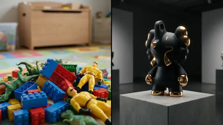 A professional split-screen comparison by MIHOX: mass-produced regular plastic toys on the left versus a high-end designer art toy with matte black and gold finish on a gallery pedestal on the right