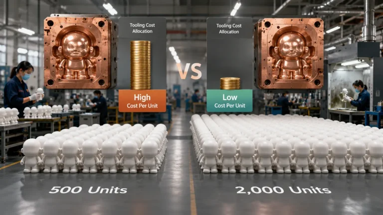 Infographic comparing vinyl toy production costs between 500 and 2,000 units, showing how tooling fee allocation reduces unit price in mass production at MIHOX factory