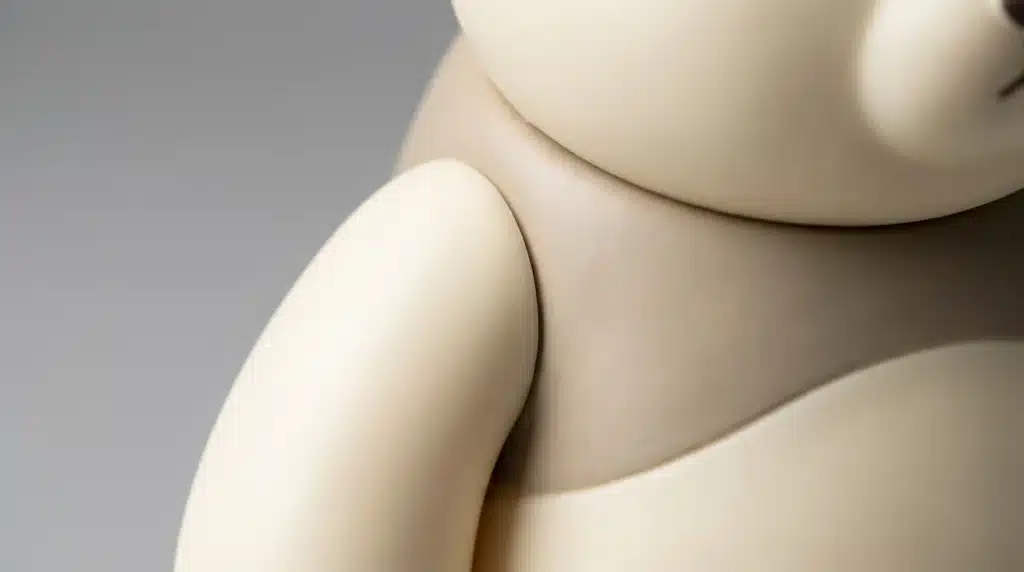 Professional close-up of a vinyl toy arm joint, demonstrating precise shrinkage control and zero assembly gaps for high-quality B2B mass production by MIHOX factory