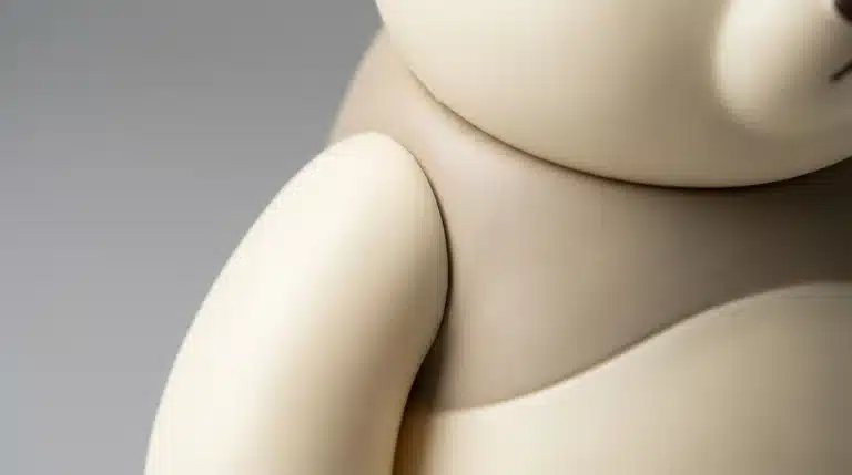 Professional close-up of a vinyl toy arm joint, demonstrating precise shrinkage control and zero assembly gaps for high-quality B2B mass production by MIHOX factory