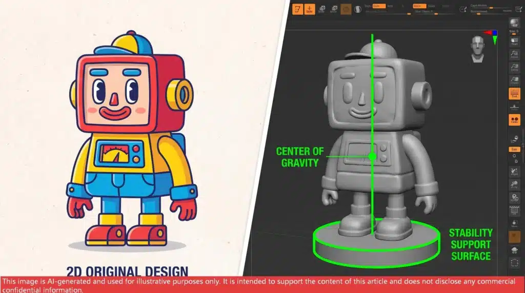 Split-screen comparison of a 2D robot design and its 3D ZBrush digital sculpt with center of gravity axis and stability support surface analysis.