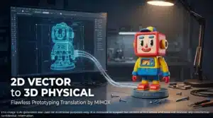 MIHOX featured image showing the flawless translation from a 2D digital robot vector to a high-fidelity 3D physical art toy on a workshop desk.