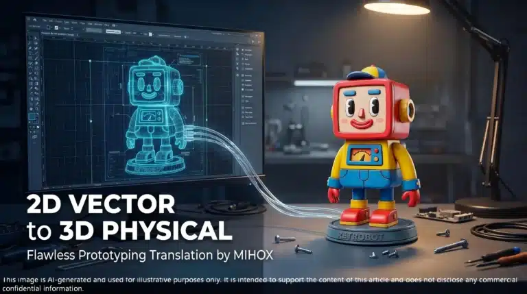 MIHOX featured image showing the flawless translation from a 2D digital robot vector to a high-fidelity 3D physical art toy on a workshop desk.
