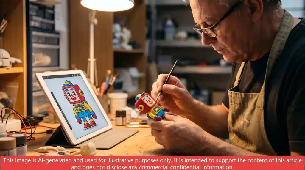 A senior artisan meticulously hand-painting a physical 3D robot prototype to match the digital 2D color reference on a tablet.