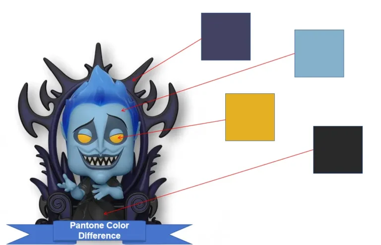 Hades designer toy figure with Pantone color swatch comparison callouts showing color accuracy and discrepancy.