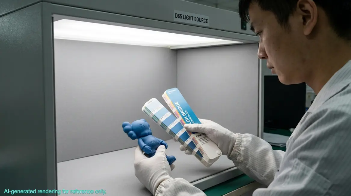 A factory technician using a D65 Light Source booth to compare a blue designer toy's color with a Pantone Color Bridge guide.