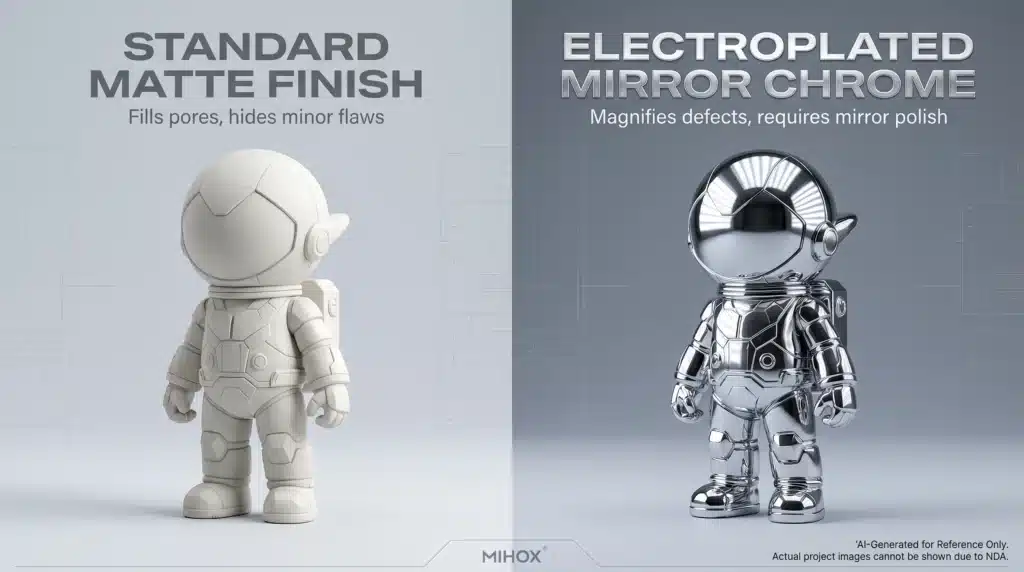 Side-by-side comparison of standard matte finish and electroplated mirror chrome on an astronaut art toy, demonstrating the surface quality difference in manufacturing.