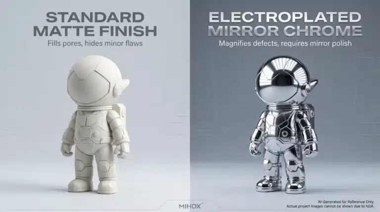 Side-by-side comparison of standard matte finish and electroplated mirror chrome on an astronaut art toy, demonstrating the surface quality difference in manufacturing.