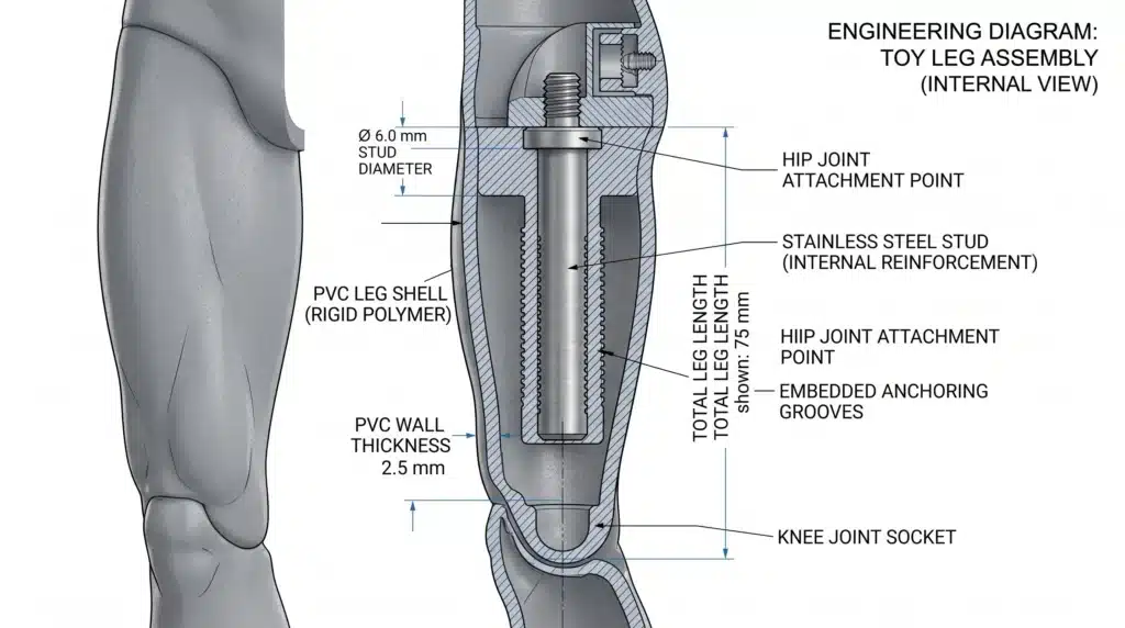 A detailed engineering cross-section of a PVC toy leg assembly showing a 6.0 mm stainless steel stud embedded for structural reinforcement to prevent leaning.