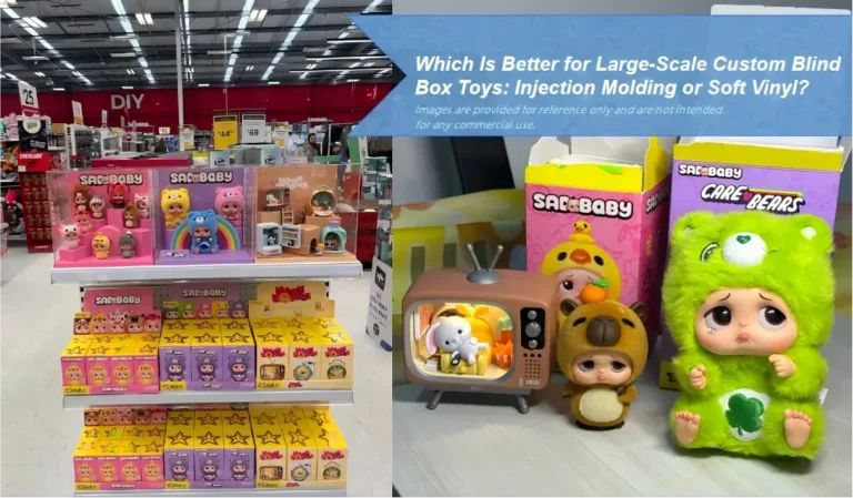 Comparison between injection molding and soft vinyl for large-scale custom blind box toy production, showing retail displays and detailed product finish.