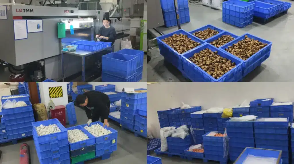 Mass production floor at MIHOX factory showing automated injection molding machines and thousands of precision plastic toy parts ready for assembly.