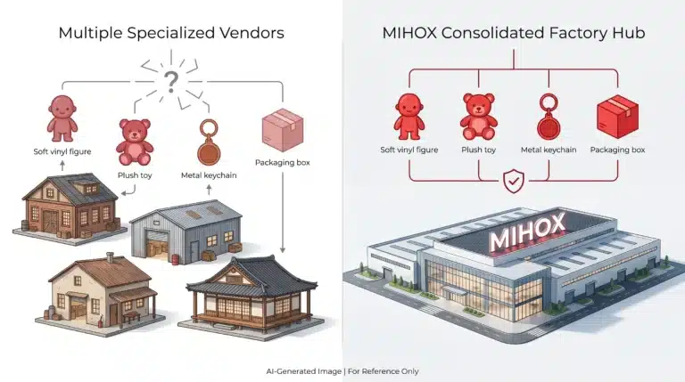 Comparison diagram of fragmented multi-vendor toy manufacturing versus a consolidated single-factory merchandise supply chain at MIHOX.