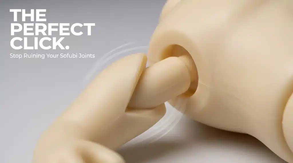 A close-up shot of a smooth V-Cut joint connection on a soft vinyl toy, illustrating the premium rotation feel and mechanical fit.