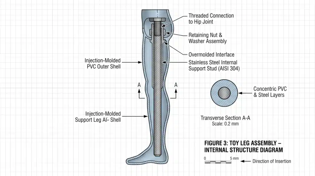 Internal structure diagram of a toy leg assembly featuring an AISI 304 stainless steel support stud and threaded hip joint connection to ensure vertical stability.