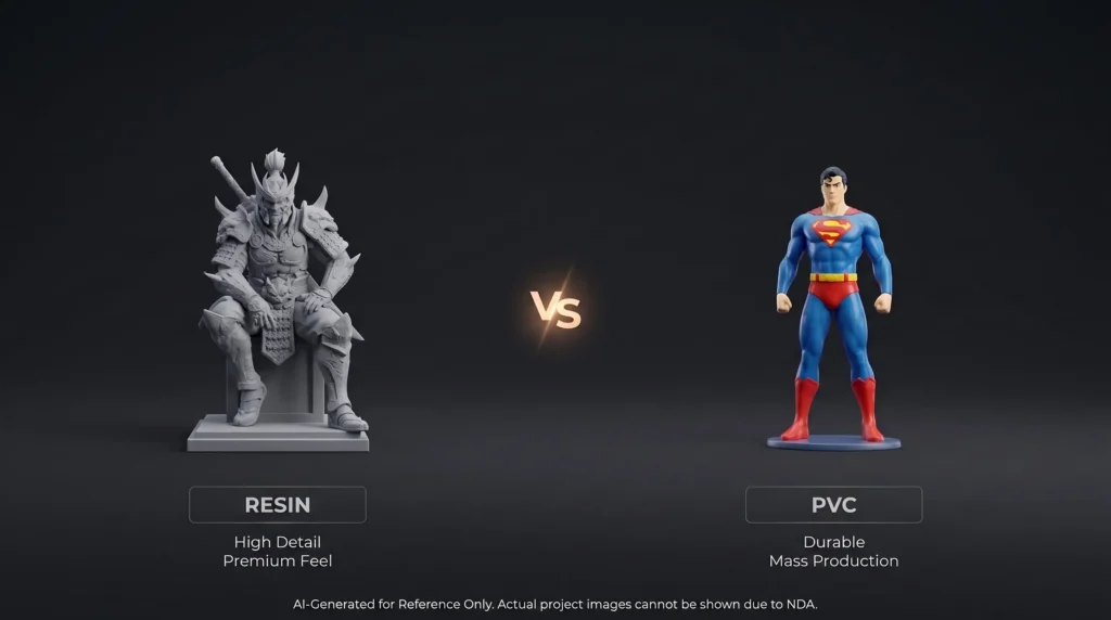 Comparison of a high-detail grey resin warrior statue and a colored Superman PVC figure, highlighting the differences in detail and mass production.