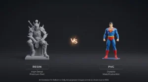 Comparison of a high-detail grey resin warrior statue and a colored Superman PVC figure, highlighting the differences in detail and mass production.