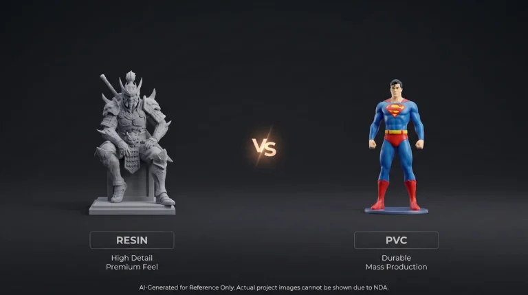 Comparison of a high-detail grey resin warrior statue and a colored Superman PVC figure, highlighting the differences in detail and mass production.