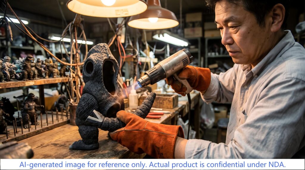 An experienced artisan using an industrial heat gun to soften a black vinyl toy torso for precise joint assembly in a traditional toy workshop.