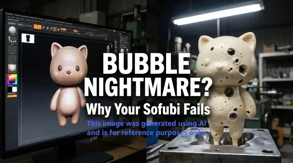 Side-by-side comparison of a clean ZBrush 3D bear design and a physical Sofubi sample with severe air bubble defects.