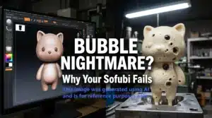 Side-by-side comparison of a clean ZBrush 3D bear design and a physical Sofubi sample with severe air bubble defects.
